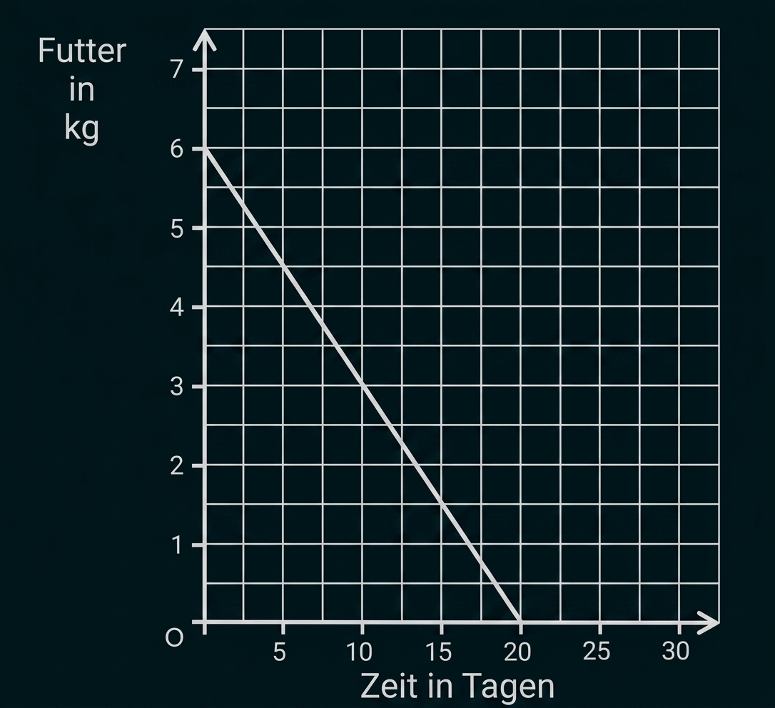 Diagramm mit fallender Linie: Futtermenge sinkt von 6 kg auf 0 kg in 20 Tagen.